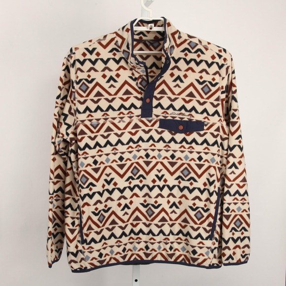 Eddie Bauer Fleece Pullover Mens XL Beige Aztec Print Quarter Snap Front Sweater - Picture 2 of 11